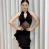 Stage Wear 2024 Latin Dance Dress for Women Pleated Lace Mesh Patchwork Chacha Rumba Competition Clothing DN16663