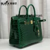 Sac à main en cuir véritable, sac crocodile rare noir 25CM, grand-mère vert dame, sac à main haut de gamme