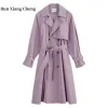 Trench runxiangcheng jaqueta roxa longo workwear trench coat para mulher 2023 internet vermelho ins duplo breasted coreano solto