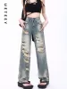 Jeans ueteey azul cintura alta calças de brim perna larga calças largas streetwear y2k moda 2023 americano retro denim calças buraco jeans