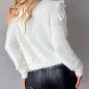 Cardigans fuzzy malha cardigan feminino padrão floral frisado peludo jumpers camisola v pescoço jumpers pérolas suéteres branco outono inverno 2023