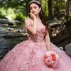 Pink Off The Shoulder Quinceanera Dress Ball Gown Applique Lace Beads Tull Corset Sweet 16 Vestidos De 15 Anos