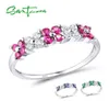 SANTUZZA 925 Sterling Zilveren Ring Voor Vrouwen Glanzend Gemaakt Ruby Groene Spinel Blauwe Zirconia Elegante Bloemen Partij Jewelry1430853