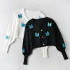 Cardigans Retro Embroidery Butterfly Cardigan Korea style Long sleeve Knitted Sweater Slash Collar Package hips Midi Long Dress 1 Set