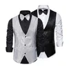 Erkek Yelekler Sinle Bravated Weistcoat Sequin V Boyun Ve Bew Tie Seti Retro Disco Damat Damgara