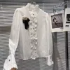 Blusa feminina com babados estilo real, tecido franzido, manga comprida, blusa decorada com flores, camisas SMLXL