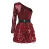 Casual Dresses Burgundy One-shoulder Long-sleeved Sequined Feather Dress