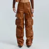 Women's Pants Capris Autumn Multi Pockets High Waist Leather Trousers Loose Casual All Match Long PU Cargo