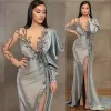 Silver Sheath Long Sleeves Evening Dresses Wear Illusion Crystal Beading High Side Split Floor Length Party Dress Prom Gowns Open Back Robes De Soiree
