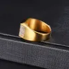 Hip Hop Gold Color Stainless Steel Micro Pave Rhinestone Iced Out Bling Square Rings for Men Jewelry