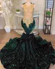 2024 glitzernde grüne Pailletten Meerjungfrau-Abschlussballkleider für schwarze Mädchen Kristall Strass Gericht Zug Partykleid Robes de Bal nach Maß BC18147