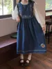 Casual Kleider Stickerei Blume Denim Frauen Japanische Süße Mori Mädchen Spitze-up Lange Hosenträger Kleid Kawaii Ärmellose Gerade Sundresse