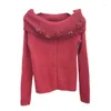 Women's Knits Autumn Winter Festival Red Sweater Woman Cute Younger Rhinestone Off-Neck Single-Breasted Figure Flattering Knit Cardigan
