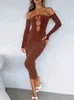 Seksowna elegancka długa sukienka Kobiety na ramię z długim rękawem Rhinestone wycięte bodycon sukienka siatka Sheer Summer Fall Sukienki Kobieta 240304