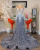 Brillant gris paillettes sirène robes de bal de luxe O cou dentelle Appliques grande taille robes de fête d'anniversaire pour les femmes arabes sur mesure