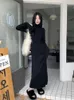 Houzhou koreansk stil stickad klänning kvinnor turtleneck långärmad maxi casual elegant svart bodycon kvinnlig vinter 240307