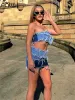 Suits Habbris Sexy Blue Strapless Denim 2 Two Piece Mini Skirt Set Club Outfits For Women 2023 Summer Bra Extender Crop Top Skirts Set