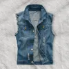 Men's Vests Men Vest Jacket Ripped Denim Waistcoat For Hop Streetwear With Single-breasted Pockets Solid Color Soft Cardigan Plus