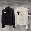 Women's ruffles stand collar royal style ruched fabric long sleeve flower decorated blouse shirts SMLXL