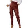 Kvinnor Pants Solid Color Byxor Hög midja faux läderpennor med dragkedjedekor multi fickor för kvinnor smal passande länge