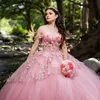 Pink Off The Shoulder Quinceanera Dress Ball Gown Applique Lace Beads Tull Corset Sweet 16 Vestidos De 15 Anos