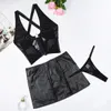 Ellolace Sexy Short Mini Skirts Sets for Women 2 Pieces Leather Outfit Lace Up Cross Bra Coquette