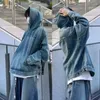 Japonês denim jaqueta com capuz homens mulheres solto casual vintage moletom casaco high street lavado pulôver varsity outono 240227