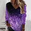 Women's T Shirts paljetter tryckt t-shirt för kvinnor mode långärmad tee tops v nack tunic kvinnlig elegant skjorta enkla tees camiseta