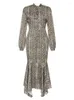 Robes décontractées 2024 Femmes sexy motif léopard robe col rond à lacets à manches longues moulante asymétrique plissée cocktail soirée robe