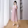 Abiti 2023 Abito estivo premaman lungo allentato Manica a sbuffo rosa Dolce pizzo Colletto alla Peter Pan Donna incinta Abito in chiffon Abiti da vacanza