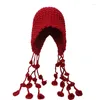 ボールキャップ手作りファッションタッセル厚い温かいパン帽子女性冬の耳ストラップニットウールの潮