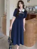 Dress Midi Dresses Women Sweet Puff Sleeve Ulzzang Tender Hollow Out Fashion Teens Aline Preppy Style Chic Gentle Vestidos Allmatch