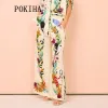 Suits POKIHA Vintage Women Casual Graffiti Printed Satin Short Sleeve Shirts And 2023 Elastic Waist Pants Female Two Piece Sets Mujer