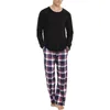 Pijamas masculinos conjunto de duas peças pijamas moda cor sólida camiseta calças xadrez pijama lazer macio homewear outono/inverno