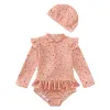 Swimwear peuter babymeisjes zwemkleding kinderen met lange mouwen bedrukte zwempakcap+bikini set strandkleding pakken pakken voor kinderen meisjes kleren sets