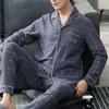 Męska odzież snu 2pcs/set Men Pajama Zestaw Paja Plaid Print Lapel Long Rleeve Single Beded Shirt Tops Elastic Talle Spodne