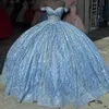 Glitter Hemelsblauw Prinses Quinceanera Jurken Off-shoulder Baljurk Glitter Applicaties Kant Kristallen Kralen Tull Sweet 15th Jurk