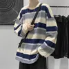 Męskie harajuku w paski luźne T koszule wiosna jesienna długi rękaw Oneck Allmatch Hoodie Street Casual Fashion Men Ubranie 240220