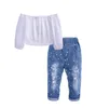 Moda Çocuklar Giyim Setleri Bebek Kapalı Omuz mahsulü Üstleri Beyaz Delik Denim Pant Jean Head Band 2pcs Toddler Çocuk Giyim S4453908