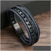 Corrente Envoltório Mti-Layer Cordão de Couro Trançado Pulseira de Aço Inoxidável Fivela Magnética Pulseiras Bangle Cuff Pulseira Street Fashion Jew Dhhif