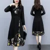 Klänning Western Chiffon Ing Dress Women's Autumn 2021 Ny midlängd midja och tunn båge blommor kjol vestido