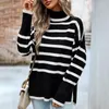 Women's Sweaters Autumn And Winter Pullover High Neck Stripe Contrast Screw Thread Lantern Long Sleeve Sweater Knit Elegant Casual Tops