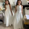 White Halter Flower Girls Dresses Beaded Collar Backless Satin Infant Prom Gown Sweep Train Flare Kids Formal Wears