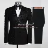 Ternos elegantes ternos de casamento para homens metal embelezado beading blazer conjunto formal festa de formatura noivo usar smoking masculino 2 peças vestido preto