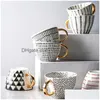 Tazas Cerámica geométrica pintada a mano con mango dorado Tazas irregulares hechas a mano para café Té Leche Avena Cumpleaños creativo Drop Entregar DH0X2