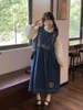 Casual Kleider Stickerei Blume Denim Frauen Japanische Süße Mori Mädchen Spitze-up Lange Hosenträger Kleid Kawaii Ärmellose Gerade Sundresse