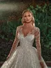 Lussuosi perline Perle Appliques Pizzo Illusione Scollo a V Abito da sposa a trapezio Maniche lunghe Abiti da sposa treno reale possono essere personalizzati