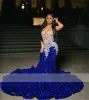 Royal 2024 Blue paljetter Beaded Applicques Prom Dresses For Black Girls Sheer Neck Sweep Train Mermaid Formella OCN -klänningar