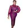 Casual Dresses 2024 African Women's Wear Slim Stretch Rhinestone Dress Gown Stand Collar Off-the-Shoulder Puff Sleeves Golvlängd