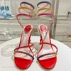 Rene Caovilla Silk Sandals Rhinestone 장식 스틸레토 힐즈 발목 랩 어라운드 이브닝 파티 신발 여성 고급 디자이너 공장 신발 박스